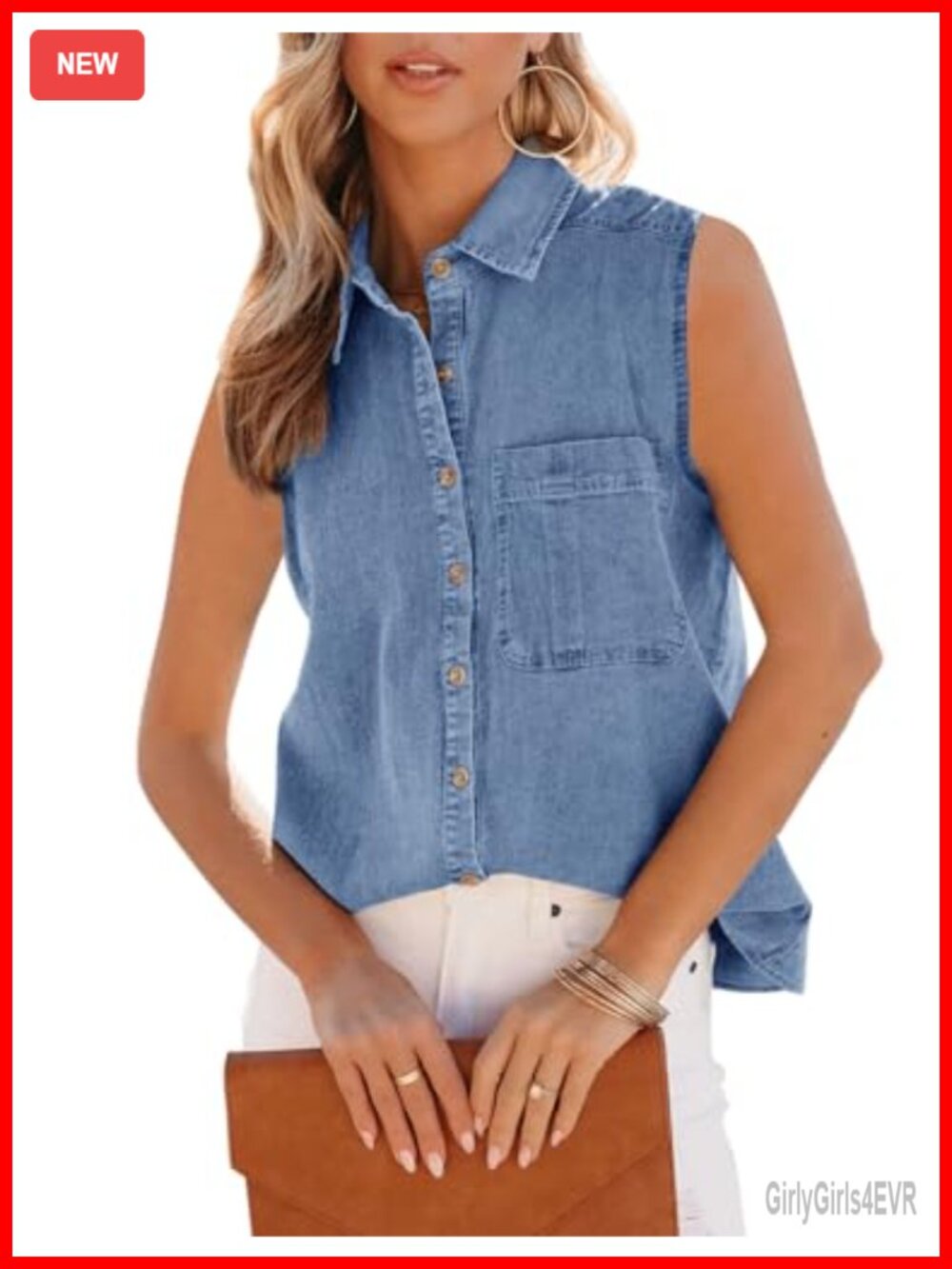 Women's Denim Tank Top V Neck Button Down Collared Sleeveless Casual Blouse